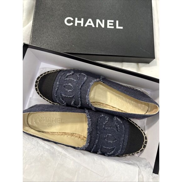 CHANEL logo denim espadrilles Size 39 Blue Black W/box - Picture 1 of 14